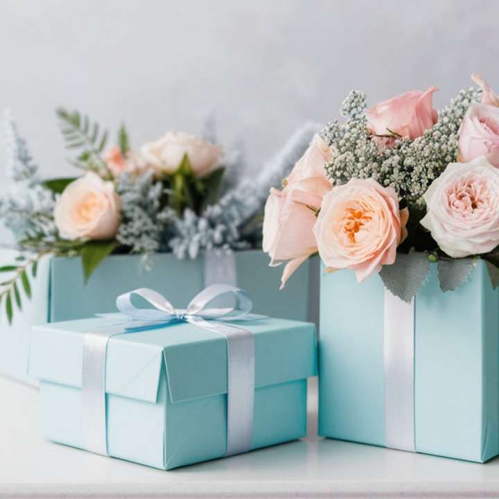 Подарочные ящики светло-голубого цвета с белыми лентами, розами и гипсофилой, создающие нежную праздничную атмосферу.